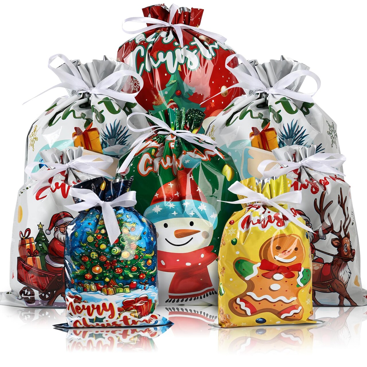 20PCS Christmas Drawstring Gift Bags - Assorted Sizes from Small to Jumbo, with Colorful Designs & Tags, Ideal for Holiday Wrapping & Decorations Party Favors